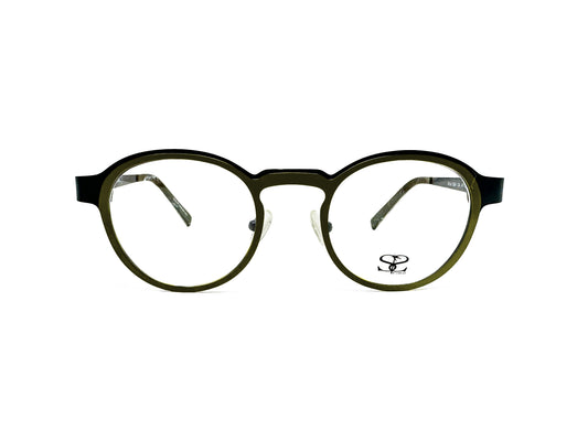 Social Eyes rouned, metal optical frame with keyhole bridge. Model: 1264. Color: C4 - Dark Olive with Black. front view. 