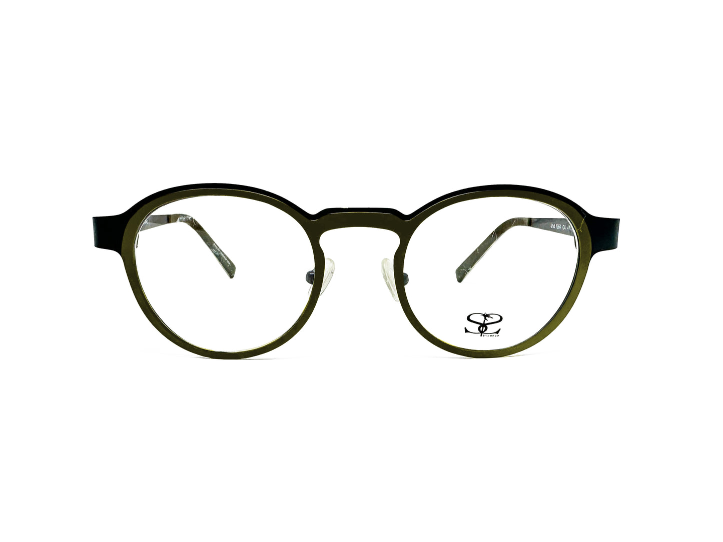 Social Eyes rouned, metal optical frame with keyhole bridge. Model: 1264. Color: C4 - Dark Olive with Black. front view. 