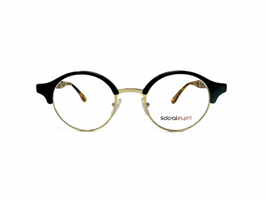 Social Eyes round metal, with acetate trim, optical frame. Model: Benny. Color: C01 - Gold metal with black trim and tortoise temples. Front view. 