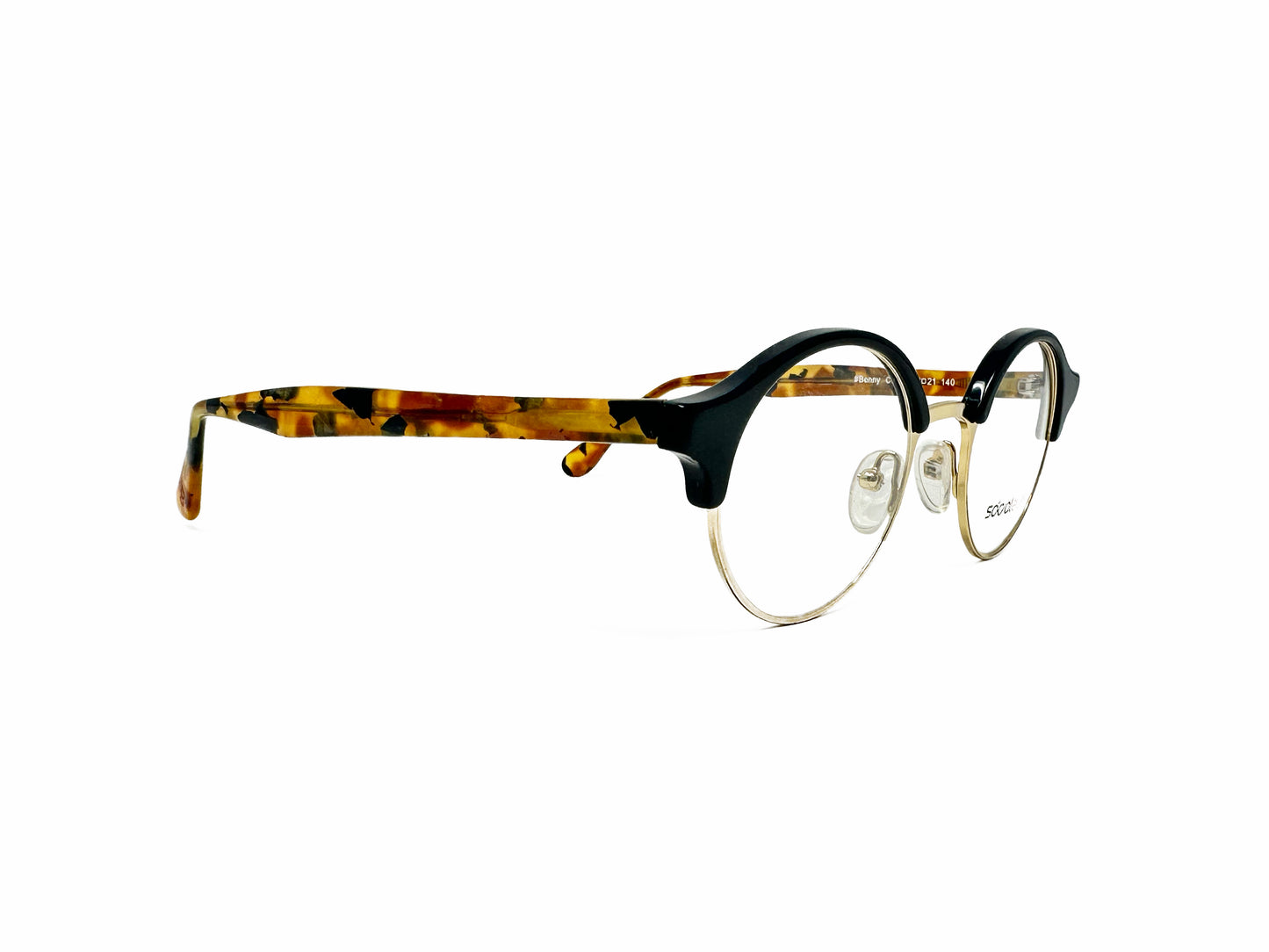 Social Eyes round metal, with acetate trim, optical frame. Model: Benny. Color: C01 - Gold metal with black trim and tortoise temples. Side view.