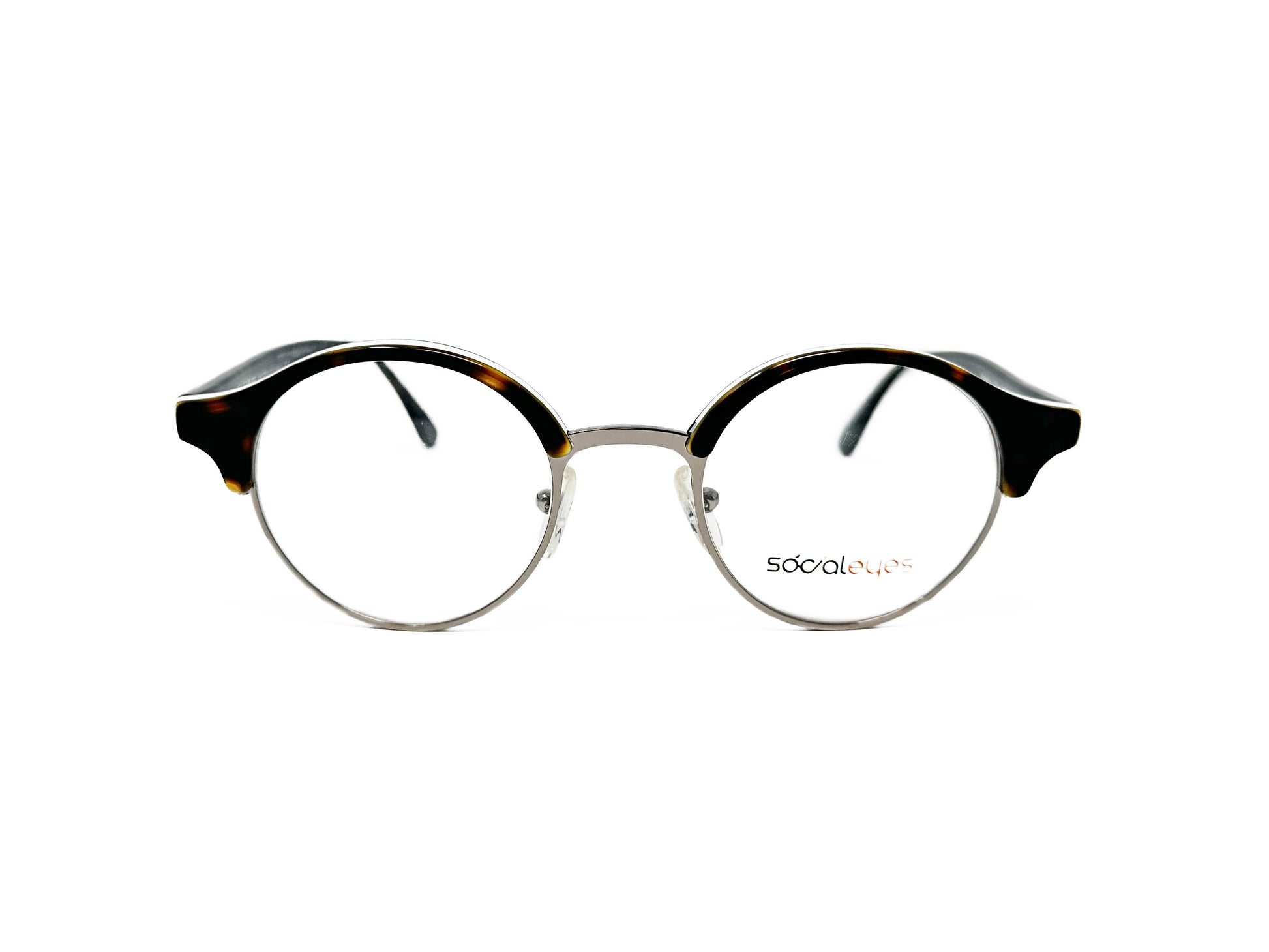 Social Eyes round metal, with acetate trim, optical frame. Model: Benny. Color: C04 - Dark Tortoise with white trim. Front  view.