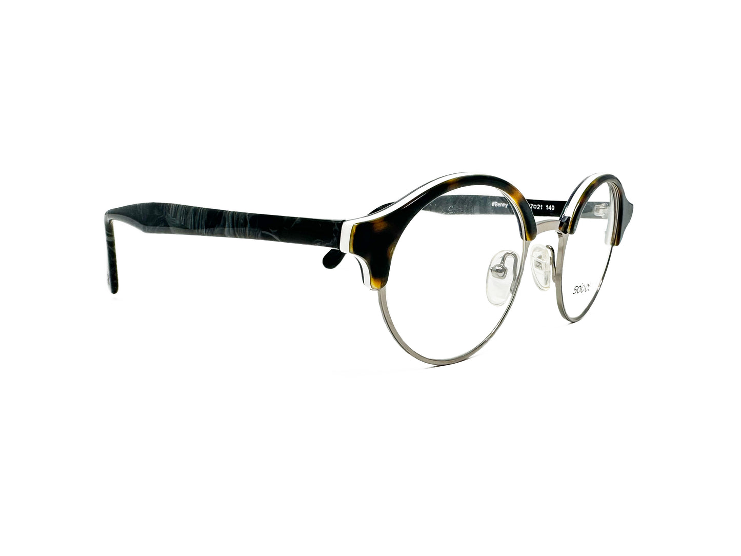 Social Eyes round metal, with acetate trim, optical frame. Model: Benny. Color: C04 - Dark Tortoise with white trim. Side view.