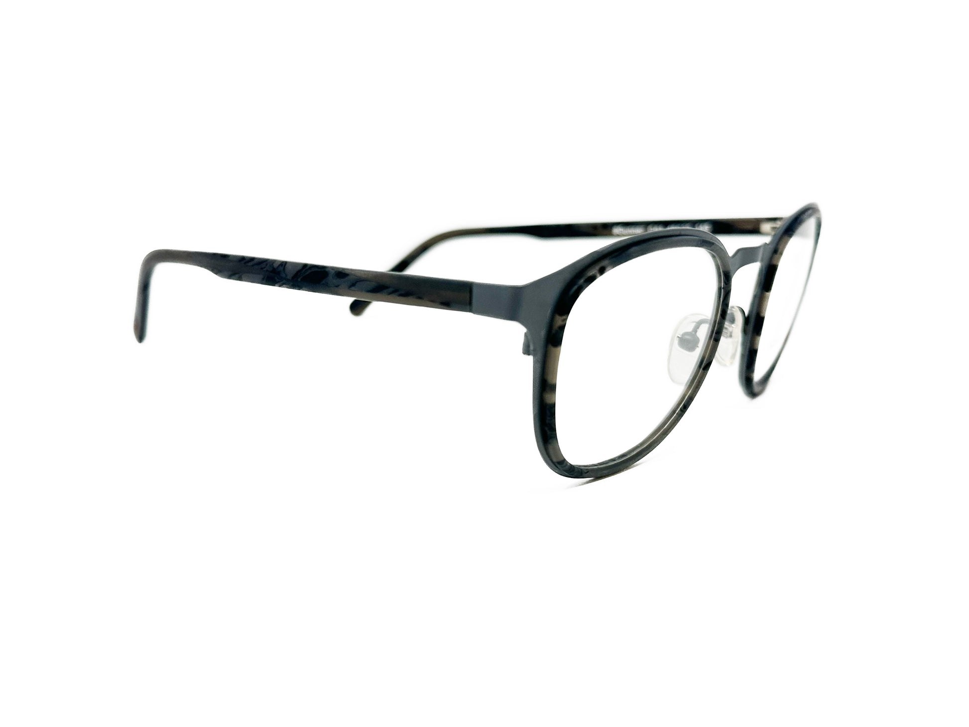 Social Eyes rounded-square metal optical frame. Model: Gunner. Color: C01 - Grey metal with grey tortoise lining. Side view.