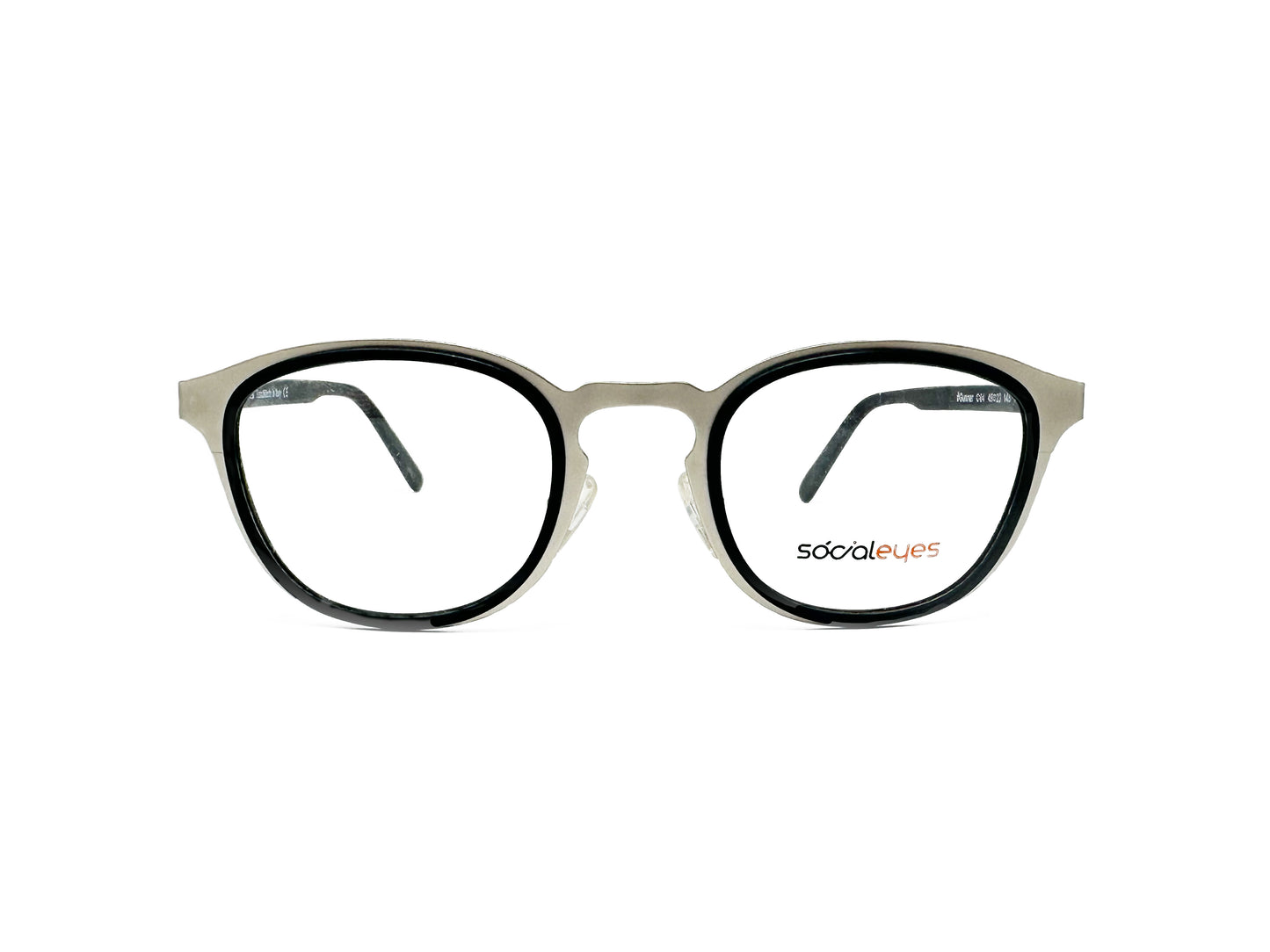 Social Eyes rounded-square metal optical frame. Model: Gunner. Color: C04 - Silver with black lining. Front view.