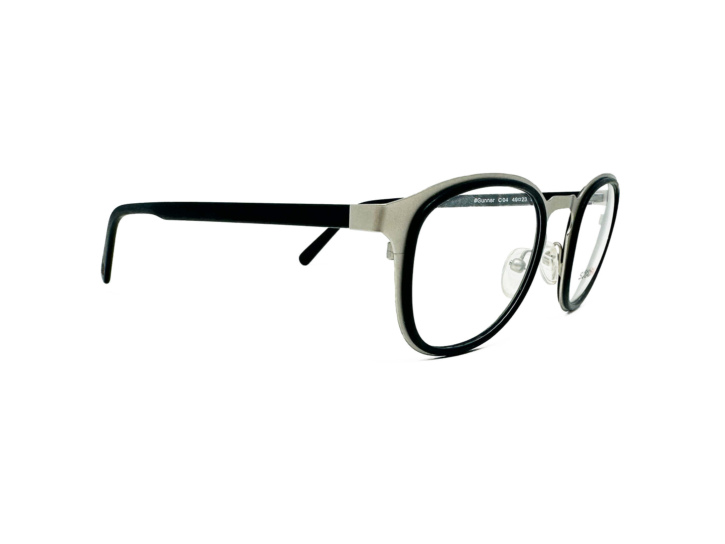 Social Eyes rounded-square metal optical frame. Model: Gunner. Color: C04 - Silver with black lining. Side view.