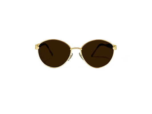 Ted Lapidus uplifted, rounded sunglass with gold metal frame. Model: TL36. Color: E038. Front view. 