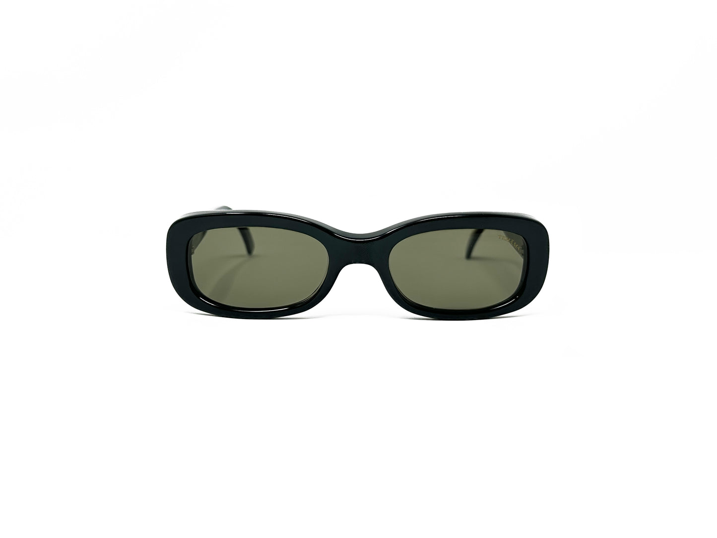 Tehama rectangular, bubble style acetate sunglass. Model: Lady Godiva 102. Color: C1 Black. Front view.