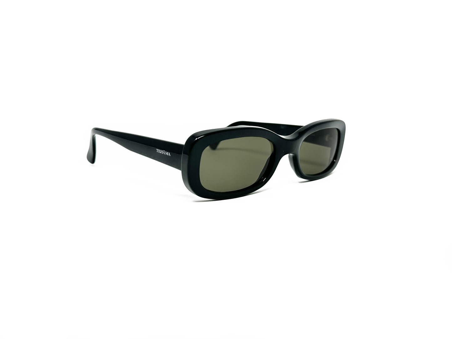 Tehama rectangular, bubble style acetate sunglass. Model: Lady Godiva 102. Color: C1 Black. Side view.