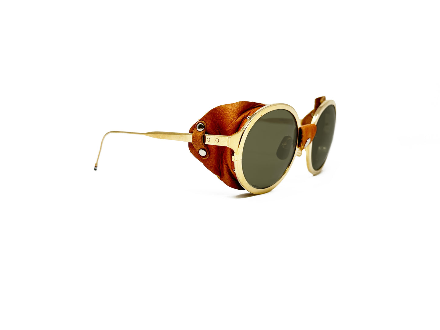 Thom Browne round metal sunglass with leather side covers. Model: TB200. Color. B-Gol-BRN-53. Side view.