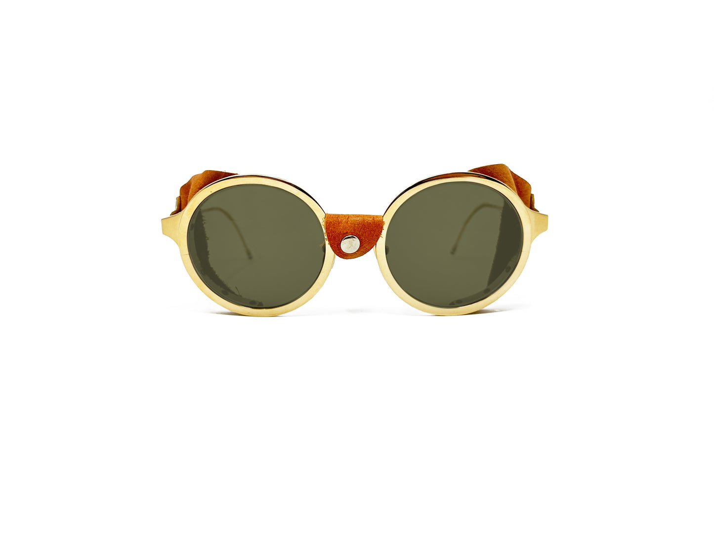 Thom Browne round metal sunglass with leather side covers. Model: TB200. Color. B-Gol-BRN-53. Front view.