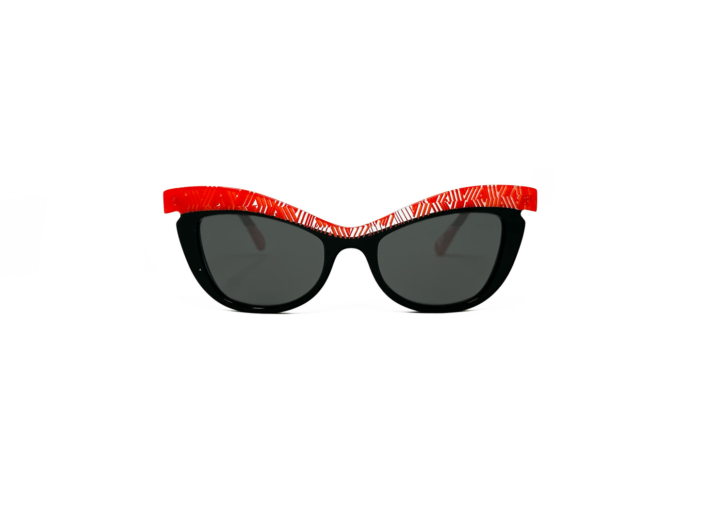Traction Productions acetate cat-eye sunglass with elongated border across top. Model: Luxure. Color: Noir - Black with red and clear striped pattern on top border. Front view.