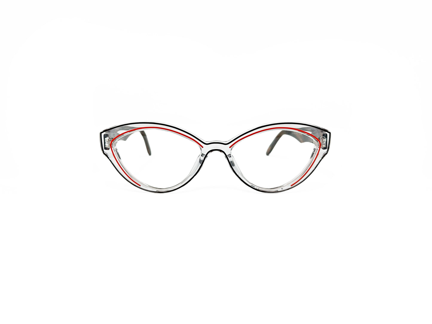 Traction Productions acetate cat-eye optical frame. Model: Okhotsk. Color: Brun Rouge- Clear with red lining. Front view.