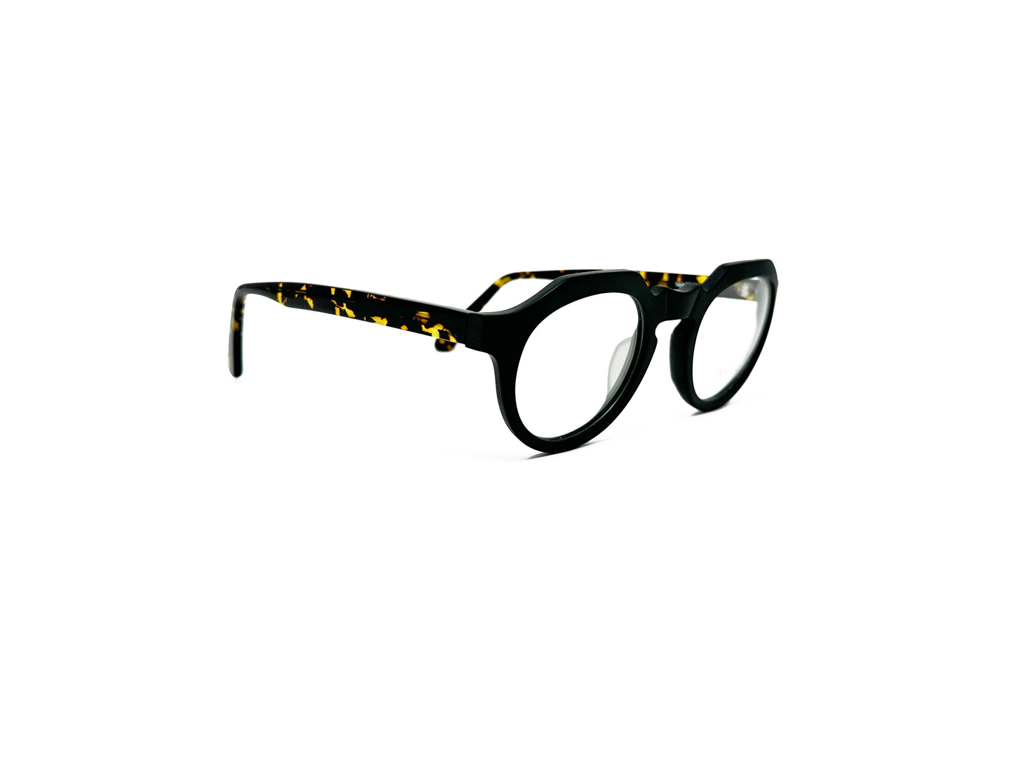 Traction Productions round, flat-top, acetate optical frame with keyhole bridge. Model: Otani. Color: Noir Matte. Side view.