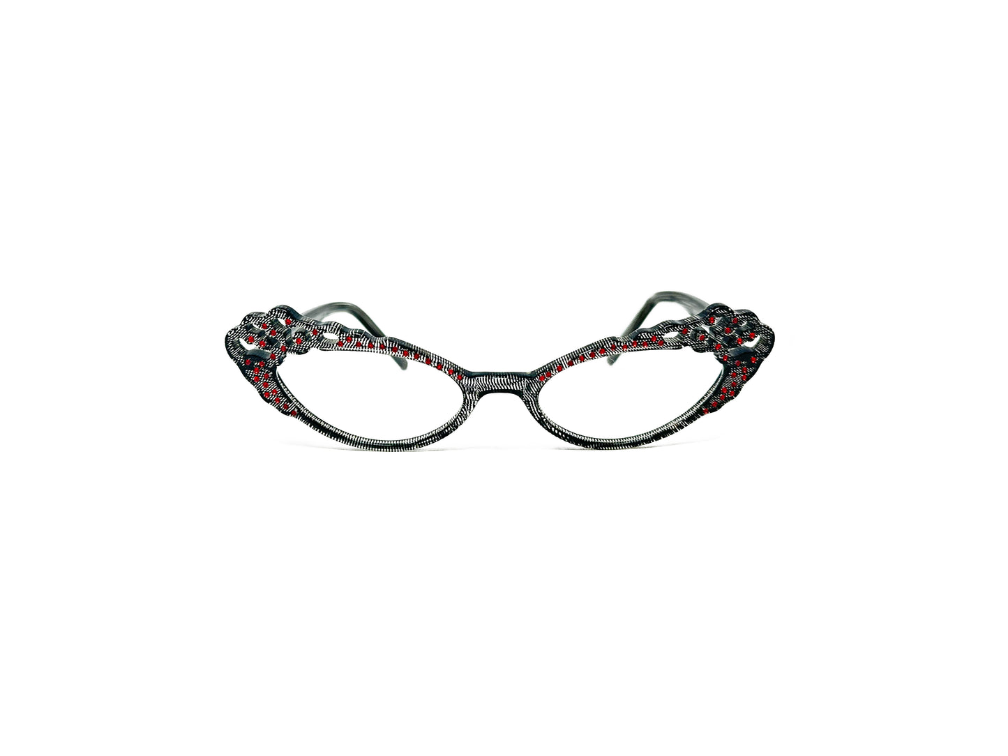 Traction acetate cateye optical frame with a wavy top and oval cut-outs. Model: Pistel. Color: Resille - Transparent with black and red dots. Front view.