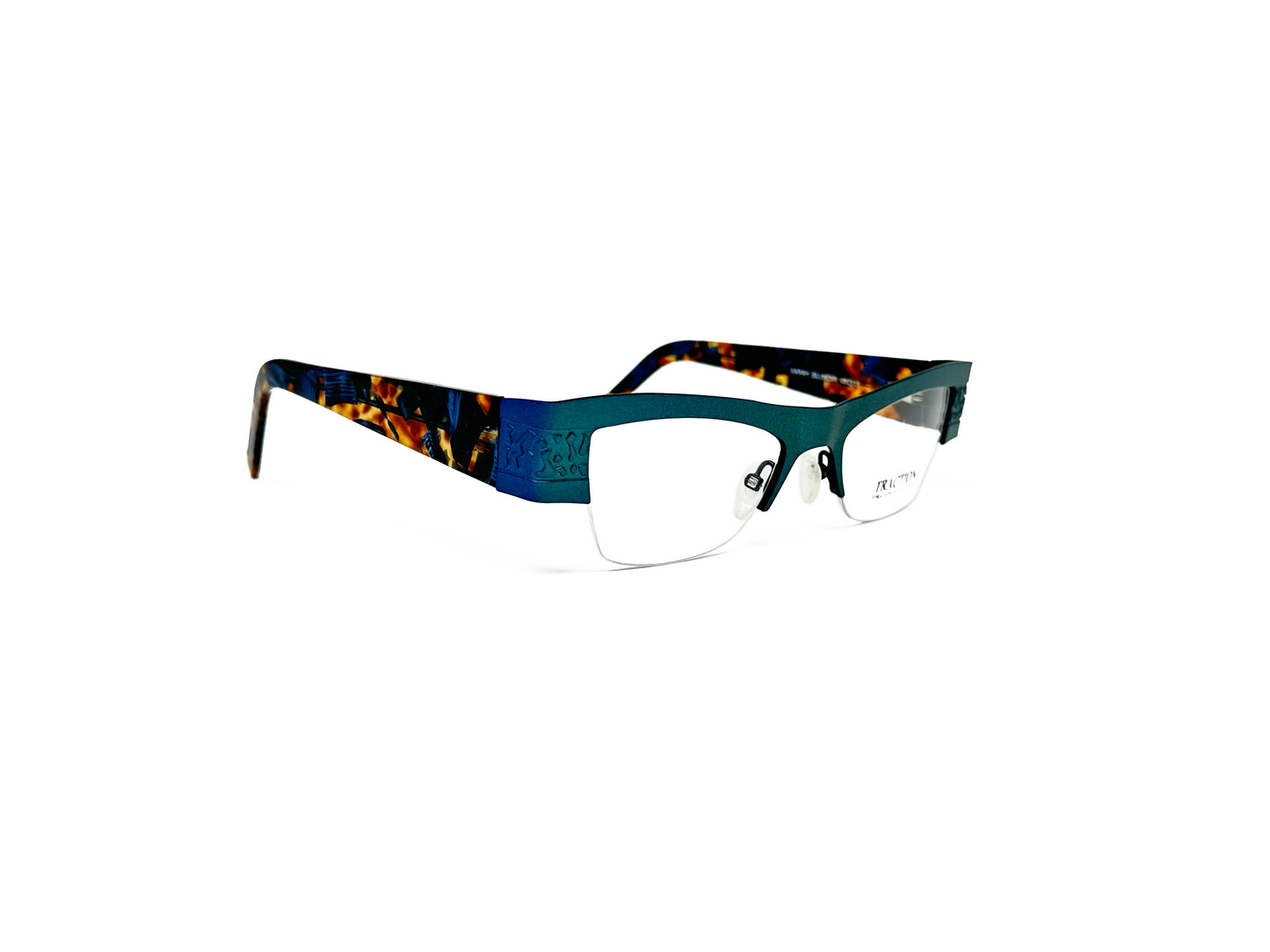 Traction Productions rectangular, half-rim, metal optical frame. Model: Sarah. Blunoir - Dark teal with tortoise temples. Side view.