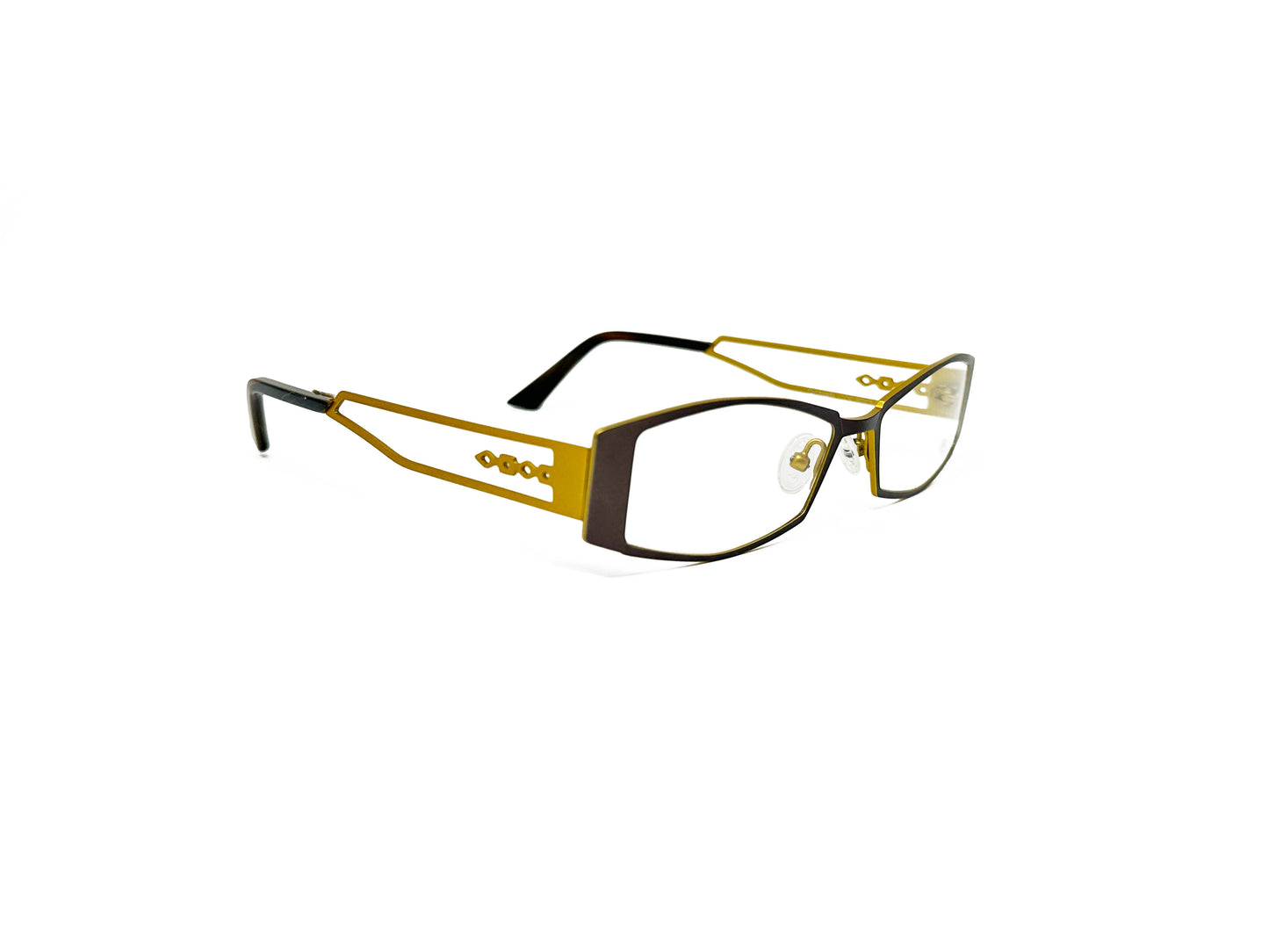 Traction Productions angled, rectangular, metal optical frame with cut-out temples with geometric shapes. Model: Tasman. Color: Cocoagold - bronze. Side view.