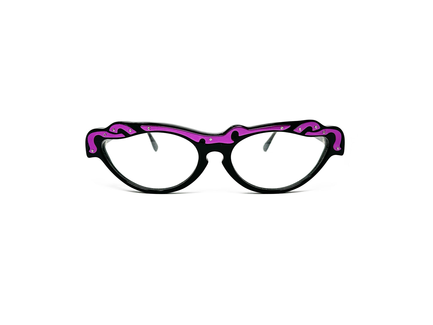 Traction Productions slight cat-eye with straight across top optical frame. Model: Traviata. Color: Fuschia - Black bottom with Fuschia swirls on top with silver screws. Front view.