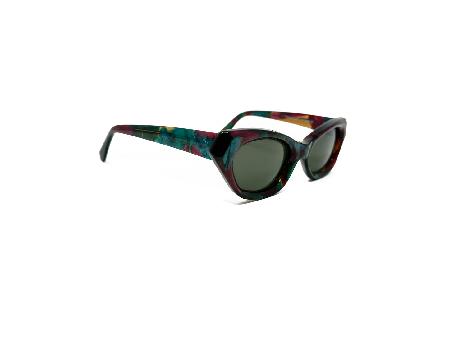 Traction Productions angular, geometric, oval, acetate sunglass. Model: Trinidad. Color: Floralie - Red and green marble pattern. Side view.