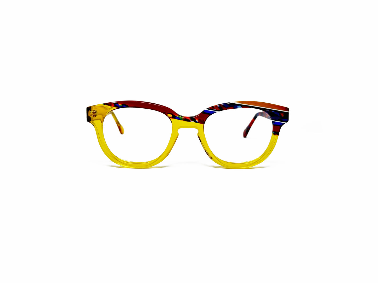 VIktlos rounded-square, acetate, optical frame. Model: 3229. Color: 1689 - Yellow with multi-colored red and blue stripes on top right corner. Front view.