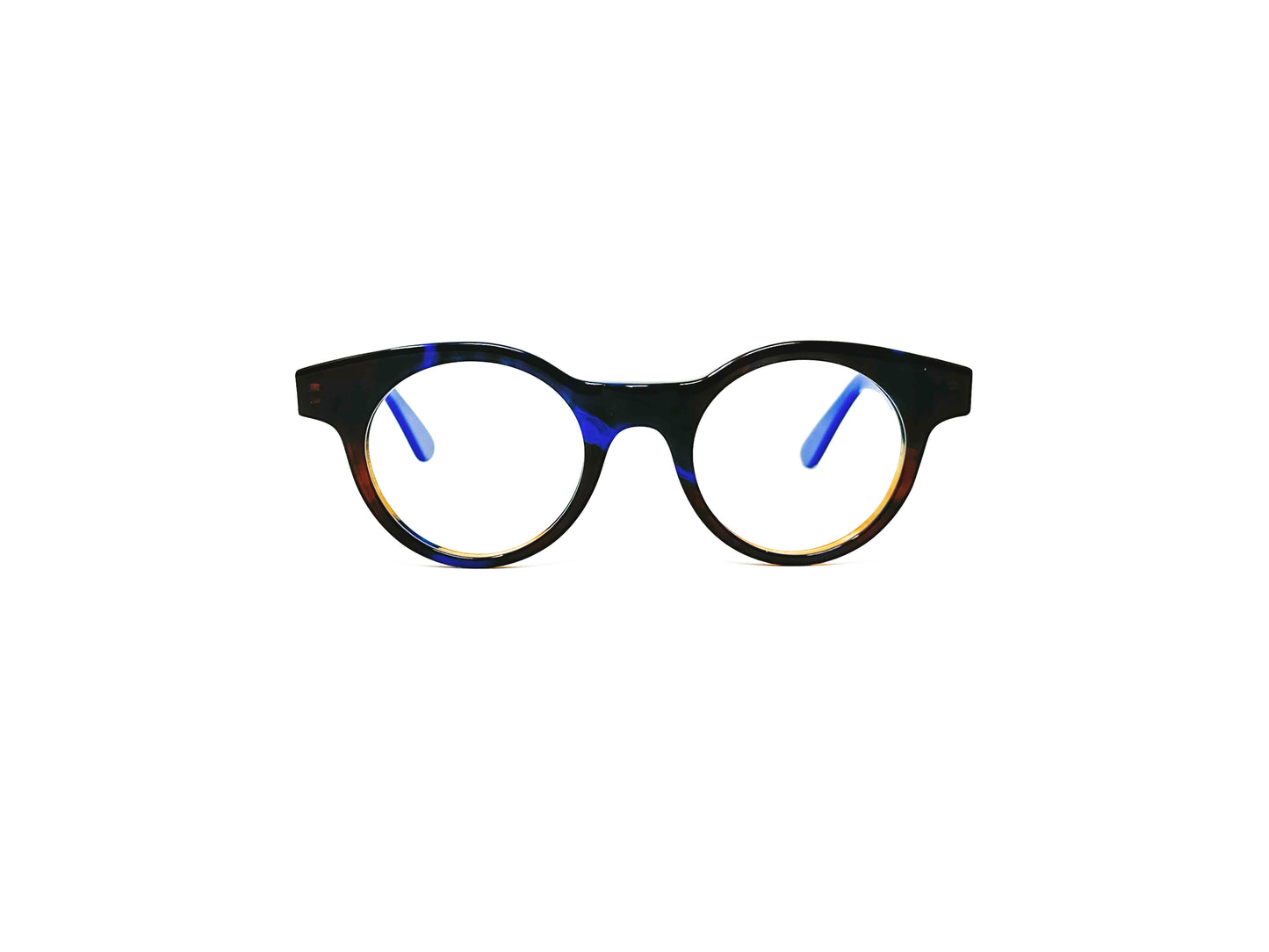 Viktlos round acetate optical frame. Model: 0590. Color: 0491 - Blue and dark brown. Front view.