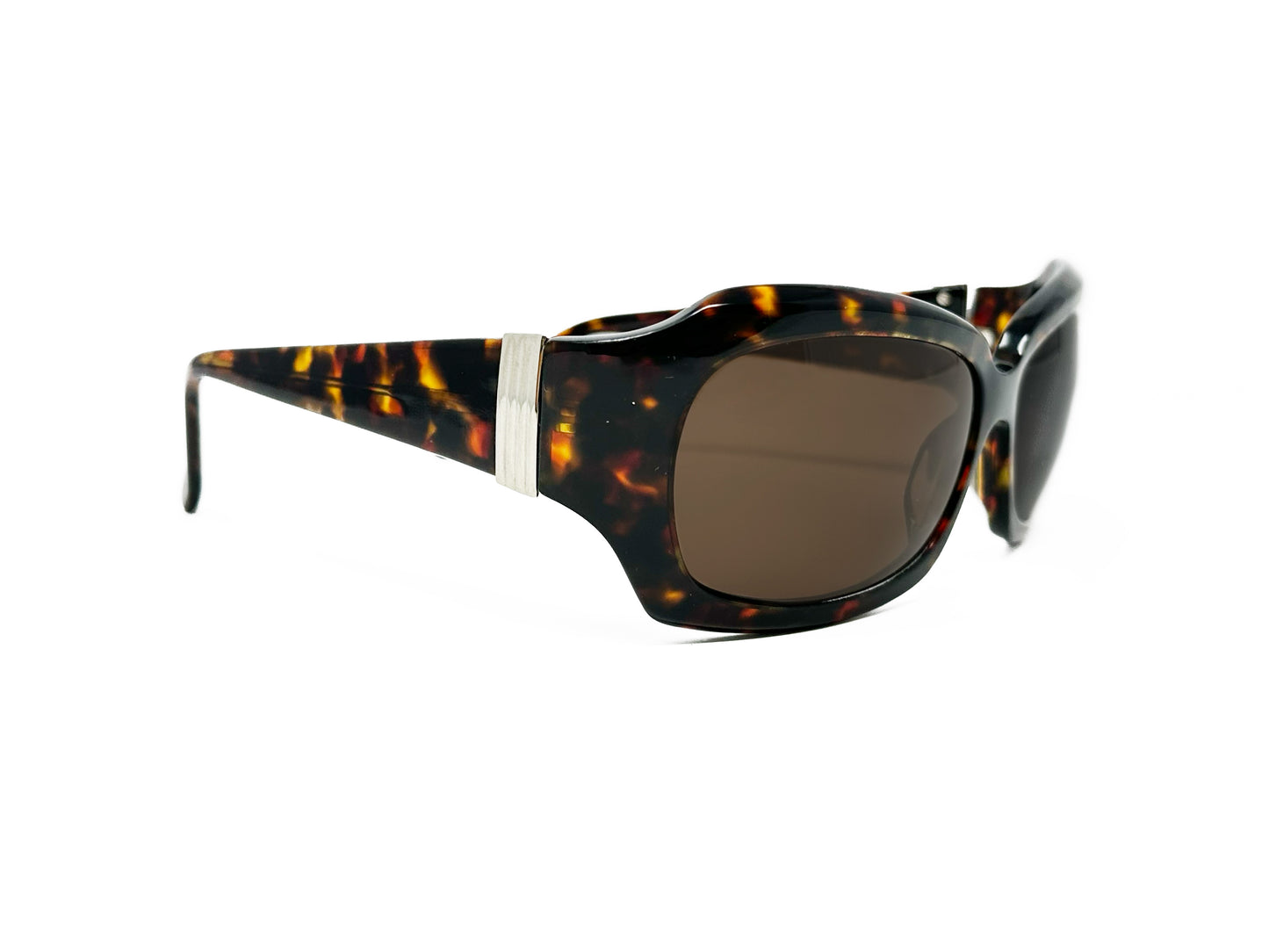 Viktlos large, wrap, acetate sunglasses. Model: 2101. Color: 4 - Tortoise with silver bar on temple. Side view.