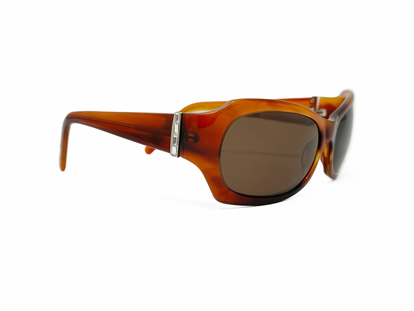 Viktlos angled oval, wrap, acetate sunglass. Model: 2102. Color: 12 - Brown Tortoise. Side view.