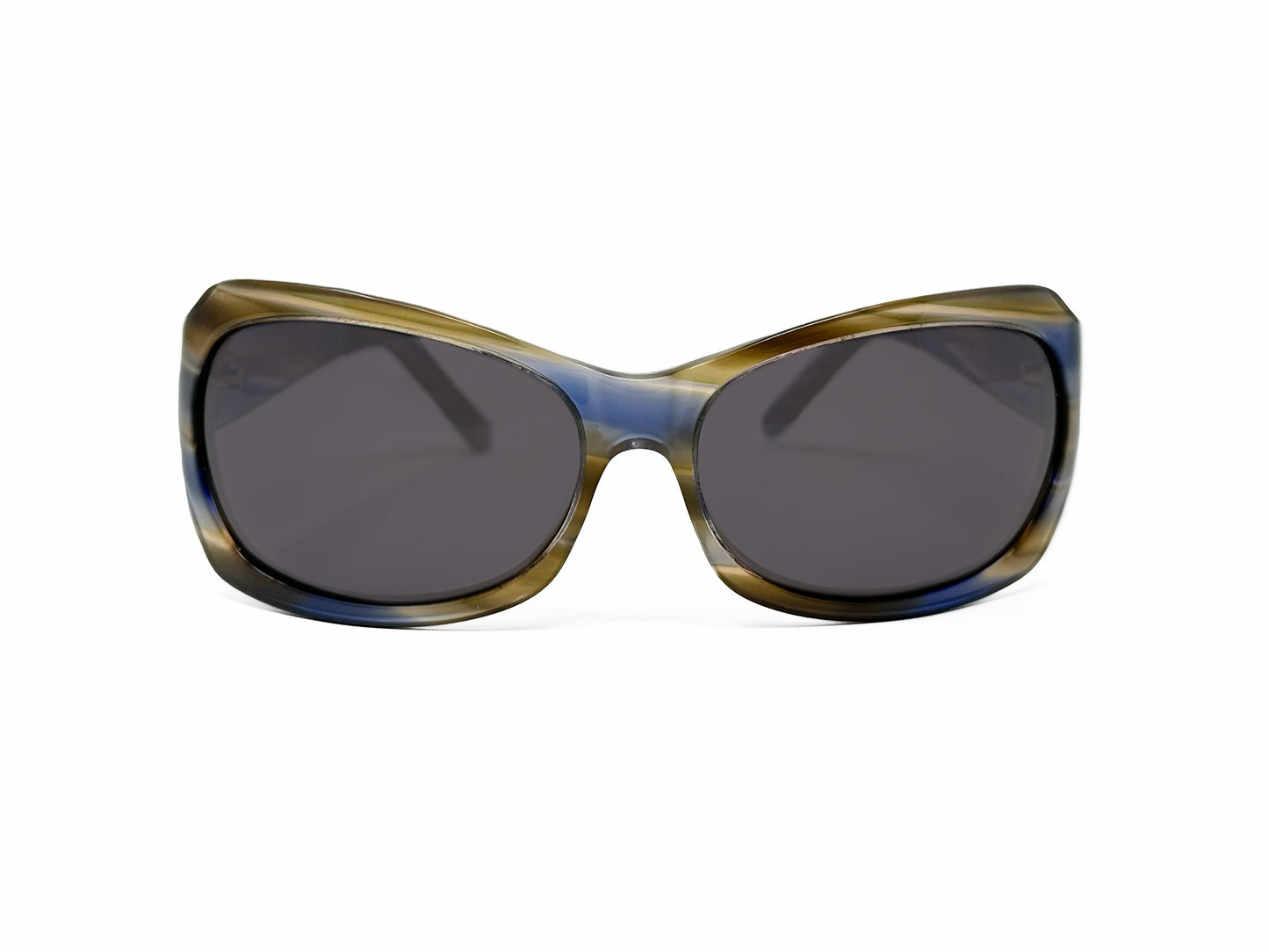 Viktlos angled oval, wrap, acetate sunglass. Model: 2102. Color: 14 - Blue and olive green stripes. Front view.