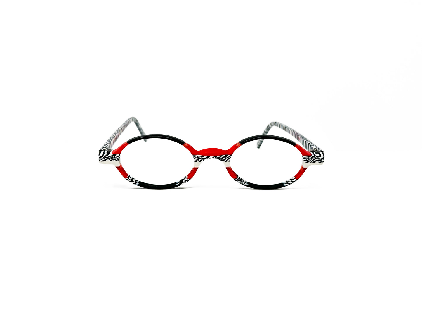 Viktlos oval acetate optical frame. Model: 2153. Color: 1305S/2059S - Red, black, and zebra stripes. Front view.