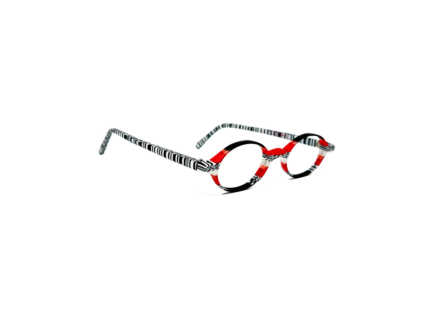 Viktlos oval acetate optical frame. Model: 2153. Color: 1305S/2059S - Red, black, and zebra stripes. Side view.