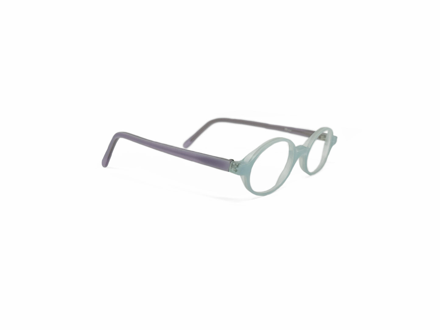 Viktlos oval acetate optical frame. Model: 2153. Color: 3036S/3032S Powder blue with gray temples. Side view.