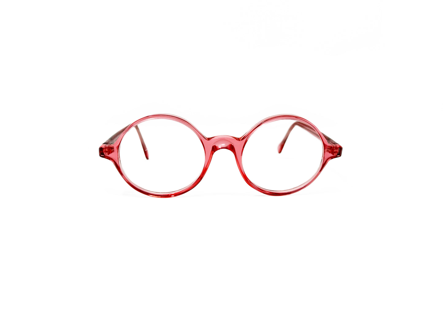 Viktlos round acetate optical frame. Model: 2515. Color: Transparent starburst pink. Front view.