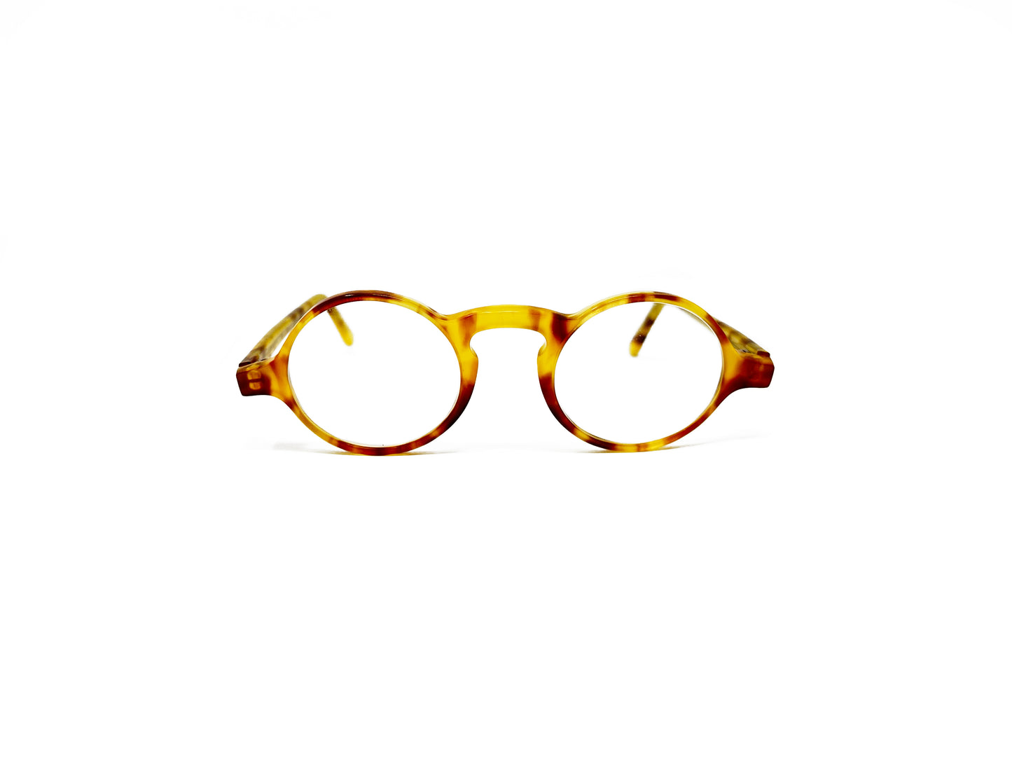 Viktlos round acetate optical frame with keyhole bridge. Model: 2565. Color: 2268 yellow tortoise. Front view.
