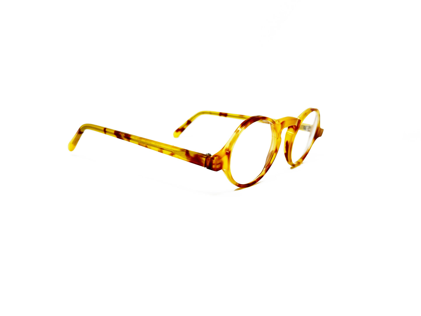 Viktlos round acetate optical frame with keyhole bridge. Model: 2565. Color: 2268 yellow tortoise. Side view.