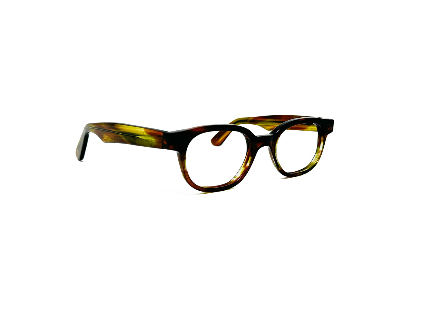 Viktlos rounded-rectangular acetate optical frame. Model: 2582H. Color: 2281 - Brown with slightly transparent bottoms. Side view.