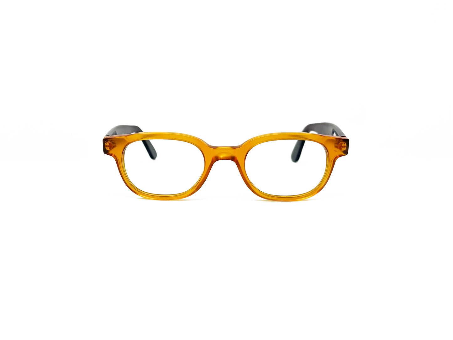 Viktlos rectangular acetate optical frame. Model: 2582. Color: 2539S/2499S - Transparent honey yellow with purple checkered temples. Front view.