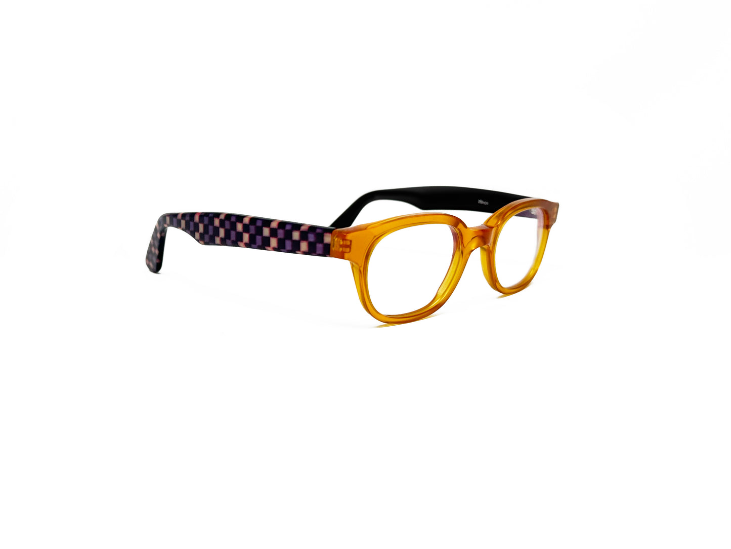 Viktlos rectangular acetate optical frame. Model: 2582. Color: 2539S/2499S - Transparent honey yellow with purple checkered temples. Side view.