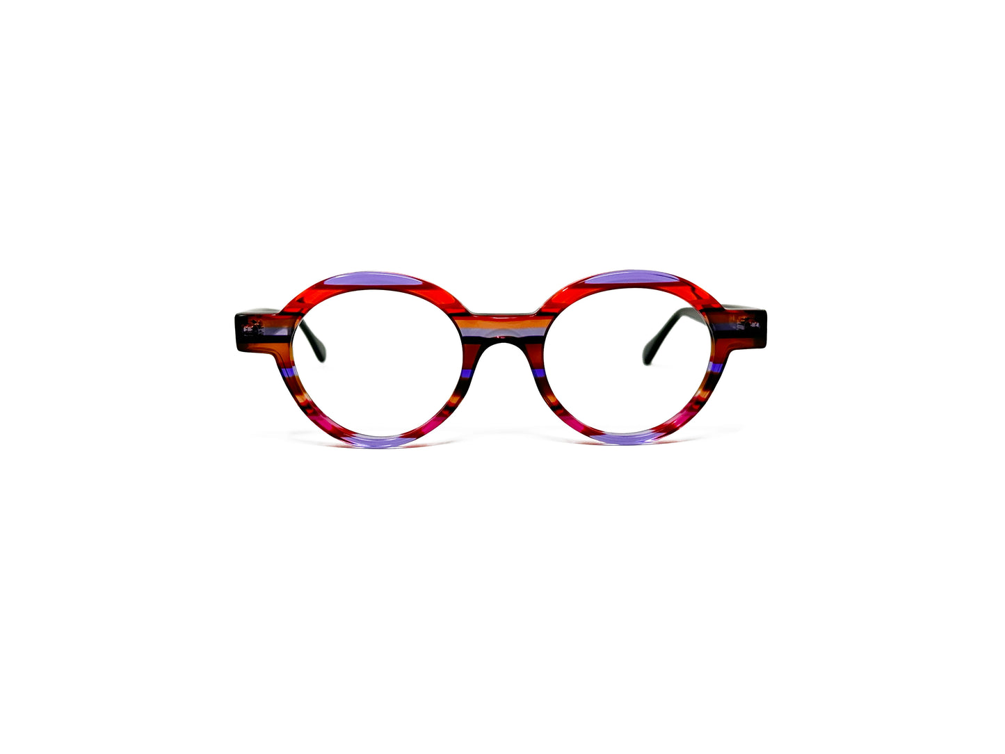 Viktlos round acetate optical frame. Model: 2969. Color: 1776/35 - Purple, red, and pink transparent stripes. Front view.