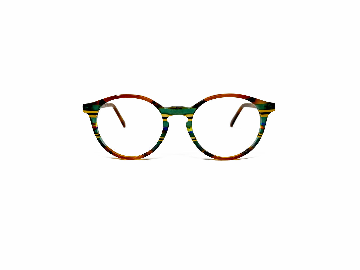 Viktlos round acetate optical frame. Model: 2973. Color: 1757RE87 - Green and yellow stripes with tortoise. Front view.