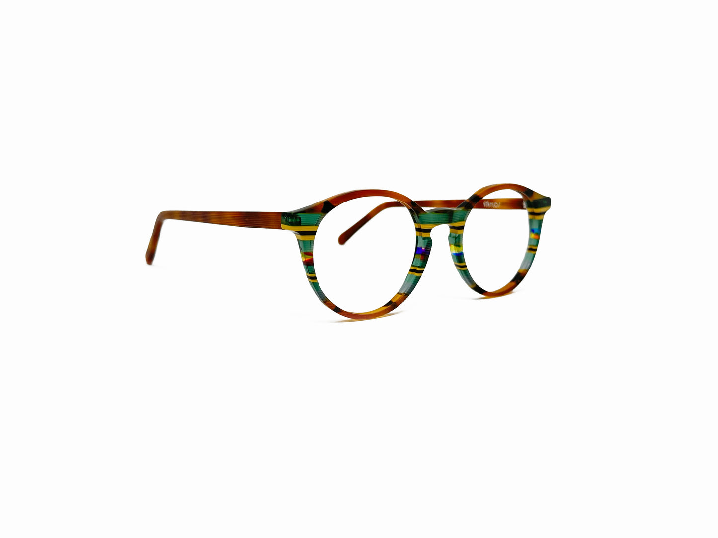 Viktlos round acetate optical frame. Model: 2973. Color: 1757RE87 - Green and yellow stripes with tortoise. Side view.