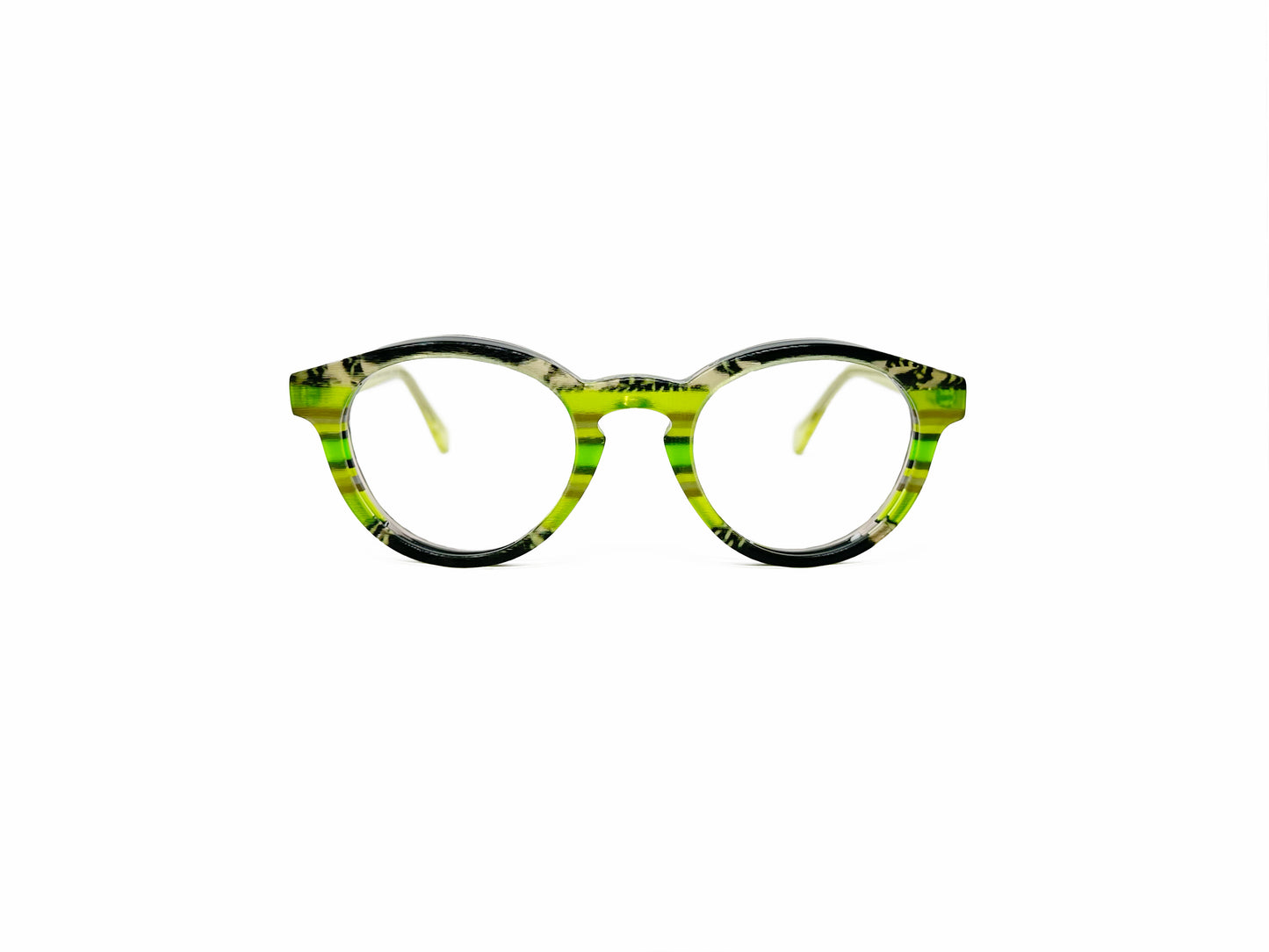 Viktlos round acetate optical frame with keyhole bridge. Model: 3058M. Color: 3333- Green stripes with slight marble pattern. Front view.
