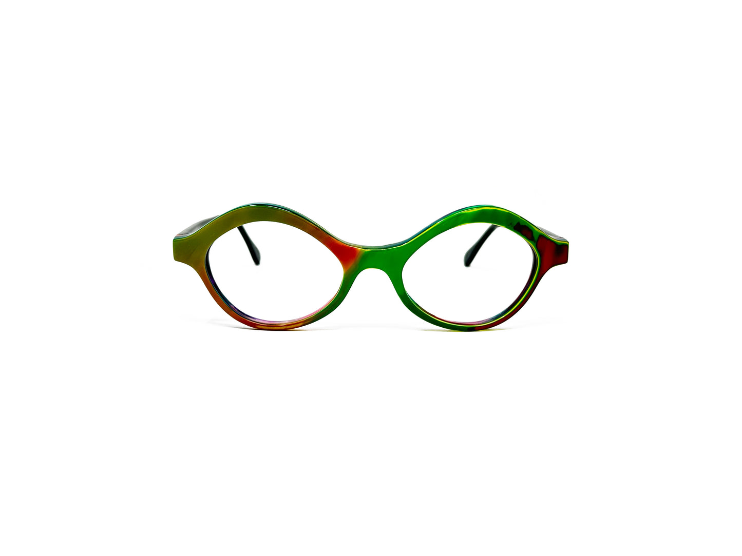 Viktlos recycled acetate, angled, wavy. cat-eye like optical frame. Model: 3100. Color: 01259 - Green and red. Front view.