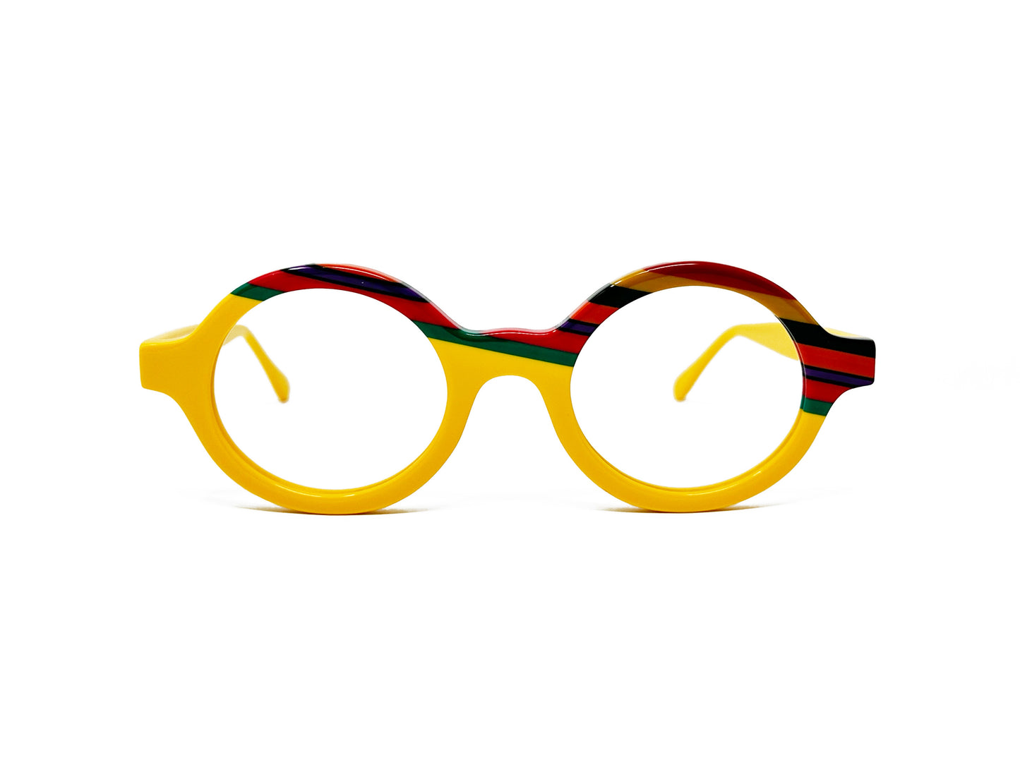 Viktlos round acetate optical frame. Model: 3157. Color: 1709 - Yellow with diagonal green and red stripes on top corner. Front view.