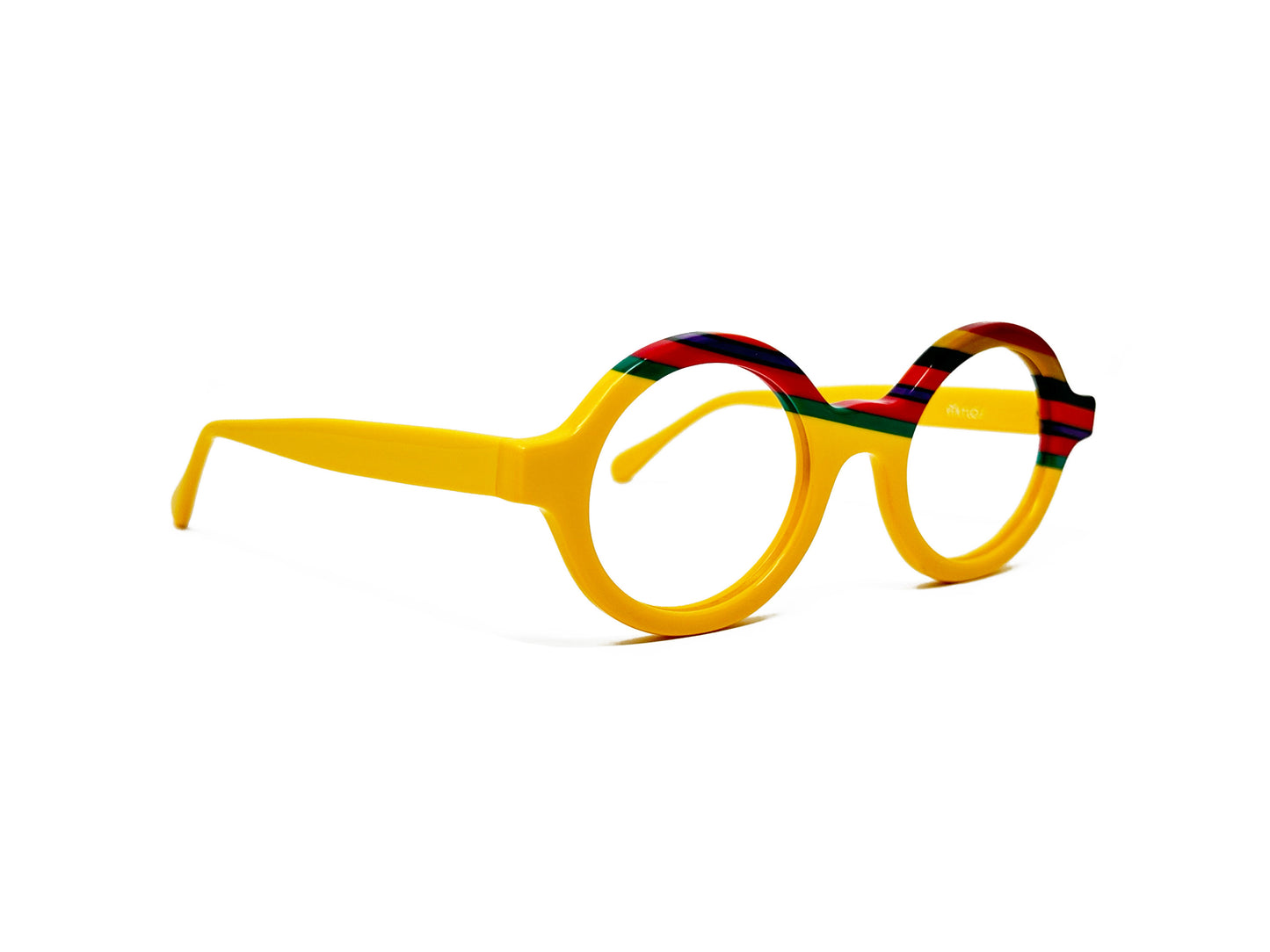 Viktlos round acetate optical frame. Model: 3157. Color: 1709 - Yellow with diagonal green and red stripes on top corner. Side view.