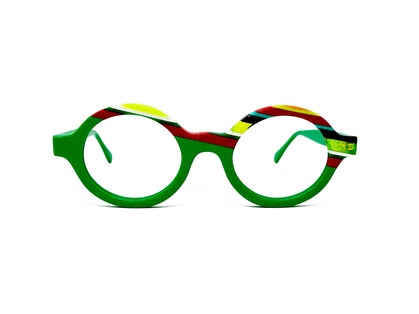 Viktlos round acetate optical frame. Model: 3157. Color: 1674 - Green with diagonal red, yellow, black, blue, and transparent on top corner. Front view.