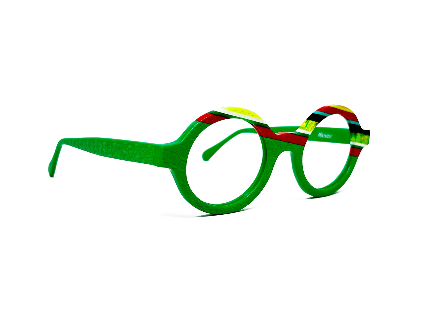 Viktlos round acetate optical frame. Model: 3157. Color: 1674 - Green with diagonal red, yellow, black, blue, and transparent on top corner. Side view.