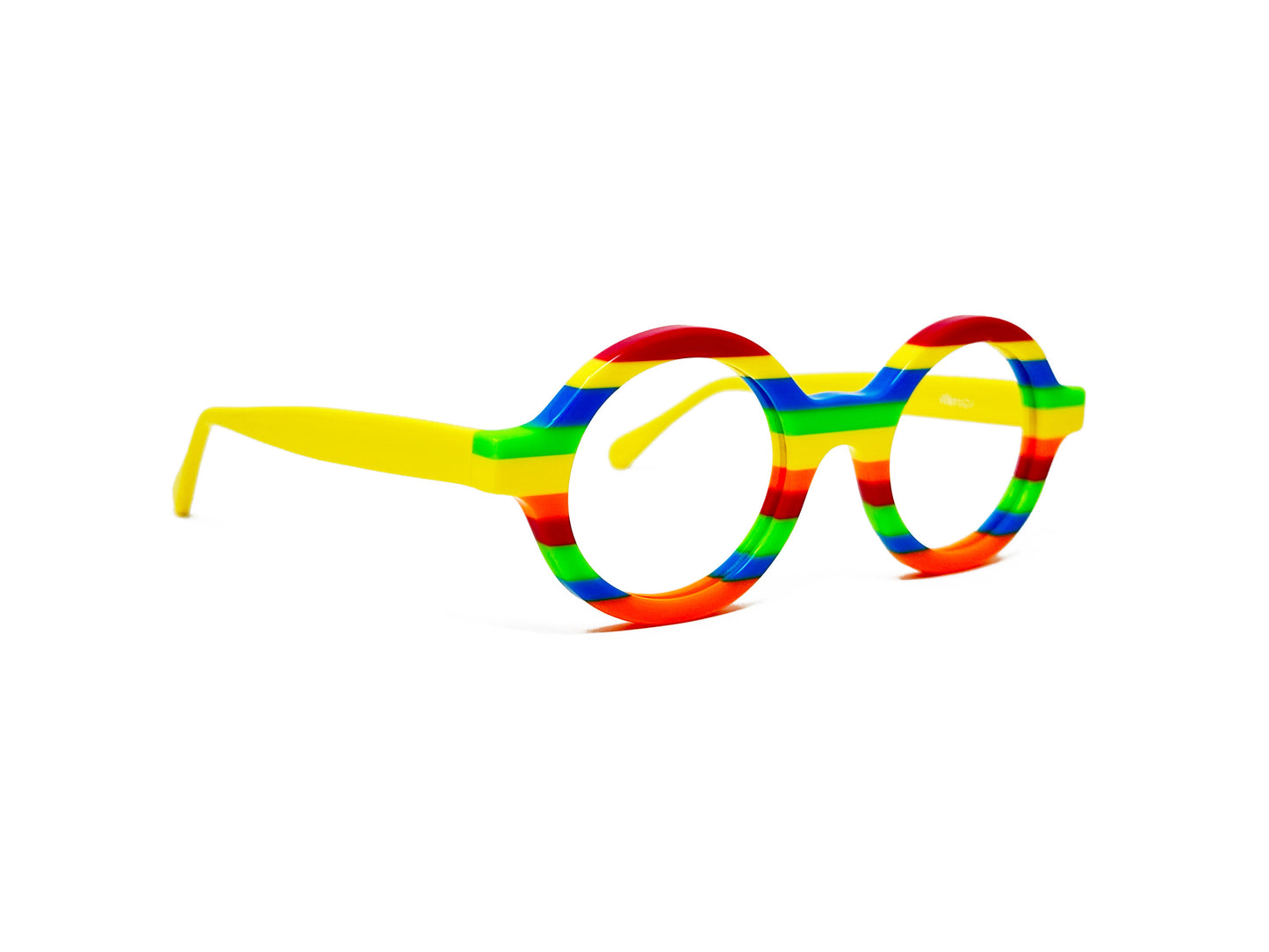 Viktlos round acetate optical frame. Model: 3157. Color: 1736 - Rainbow stripes. Side view.