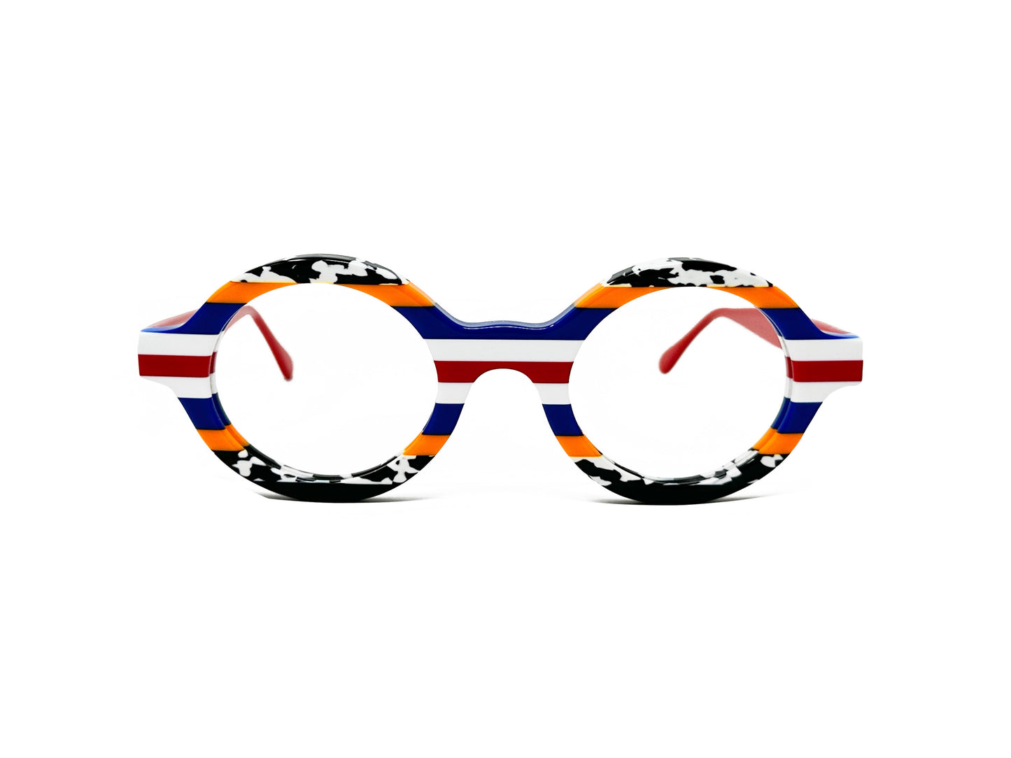 Viktlos round acetate optical frame. Model: 3157. Color: 1751 - Cow pattern and orange edges with red,white, and blue stripes in the center. Front view.