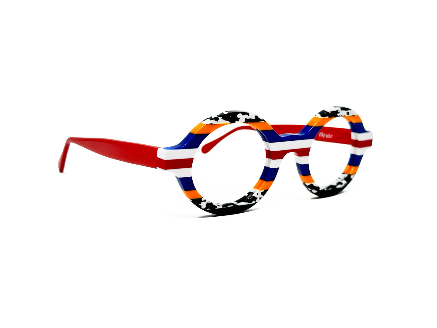 Viktlos round acetate optical frame. Model: 3157. Color: 1751 - Cow pattern and orange edges with red,white, and blue stripes in the center. Side view.