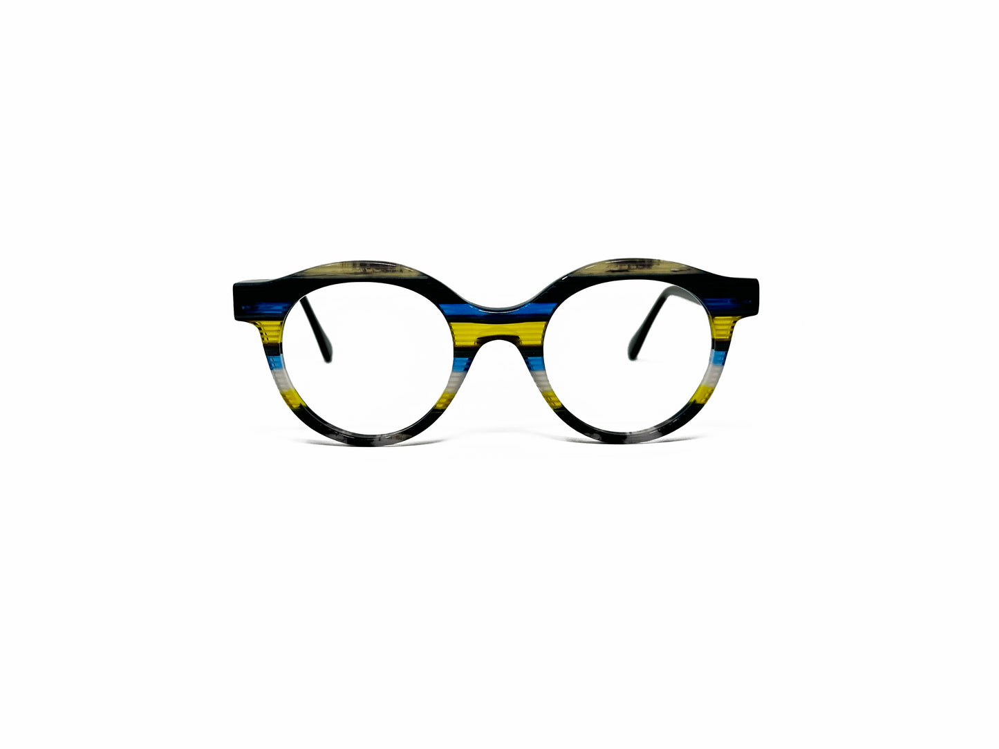 Viktlos round acetate optical frame. Model: 3160. Color: 1778RE85 - Blue, yellow, and clear stripes. Front view.