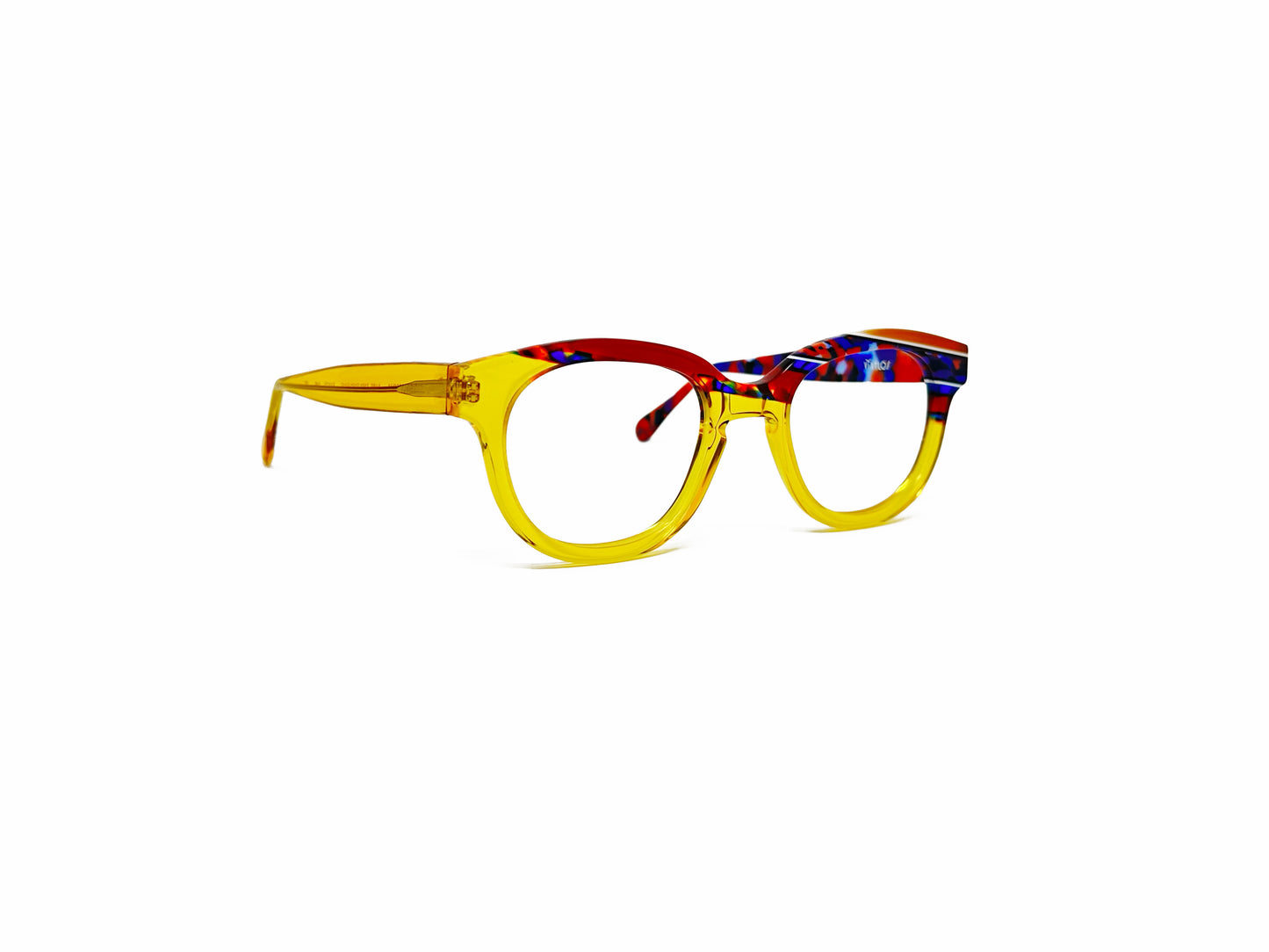 VIktlos rounded-square, acetate, optical frame. Model: 3229. Color: 1689 - Yellow with multi-colored red and blue stripes on top right corner. Side view.